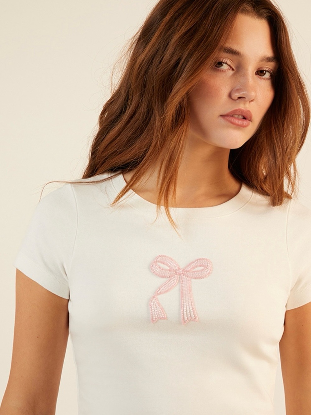 PacSun PS/LA Bow Beaded Skimmer Tee White Pink Bow Baby Tee XS NWOT